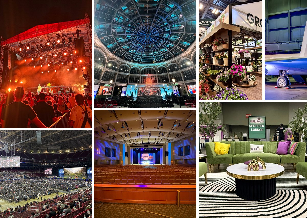 Collage of Bartha-produced events in stadium, aviation, conference, trade show, concert, historic venue, and lounge settings.